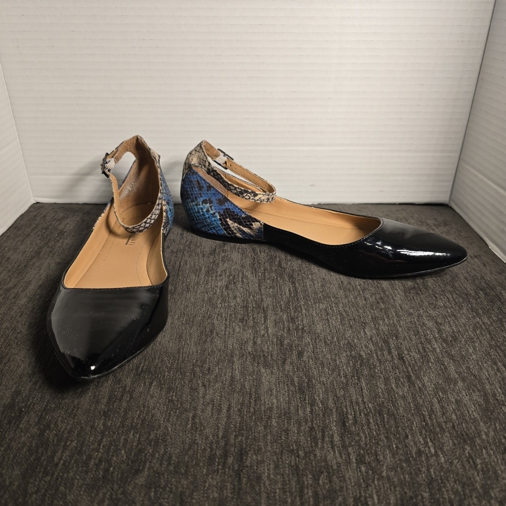 Marco Santi Womens Black Patent Blue Snakeskin Pointed Toe Ankle Strap Flats 6.5